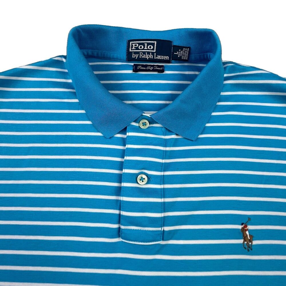 Polo Ralph Lauren Pima Soft Touch Polo Shirt Mens L Blue White Stripe Flesh Pony